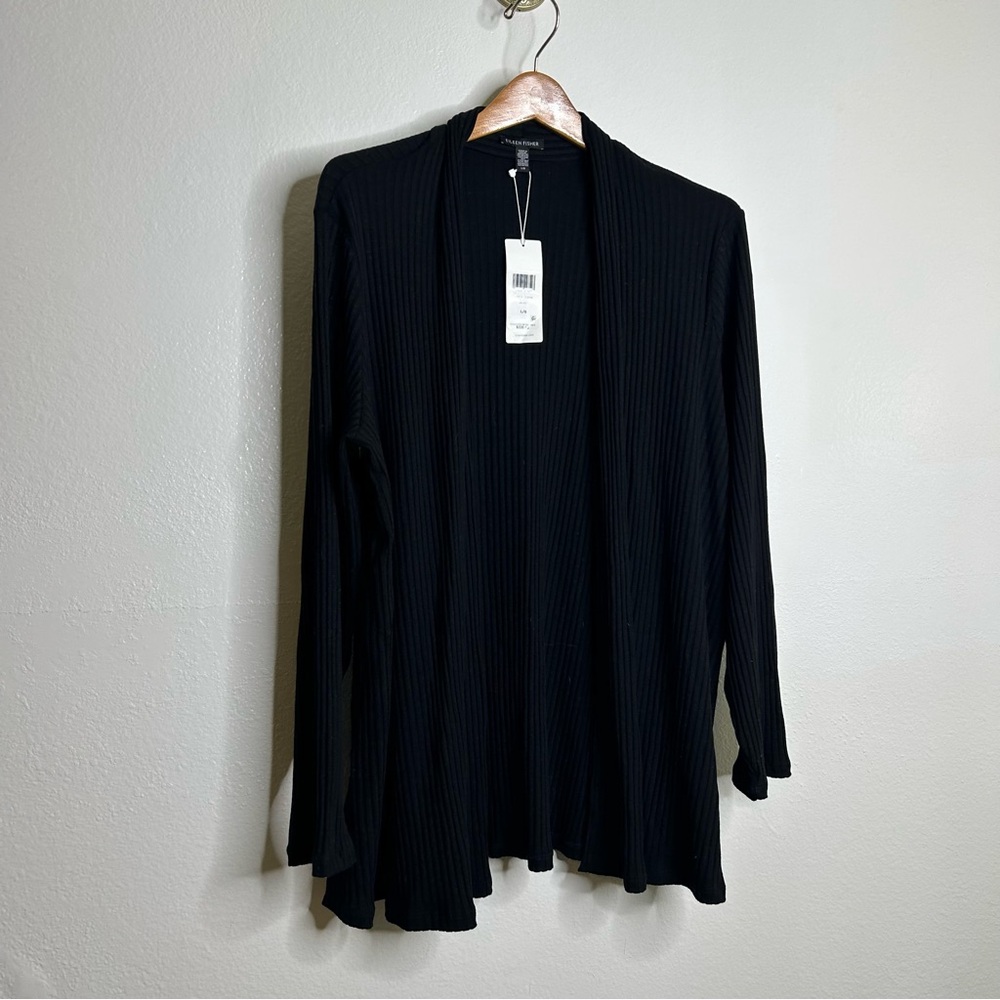 NWT Eileen Fisher Black Textured Stretch Ribbed High Neck Jacket Cardigan